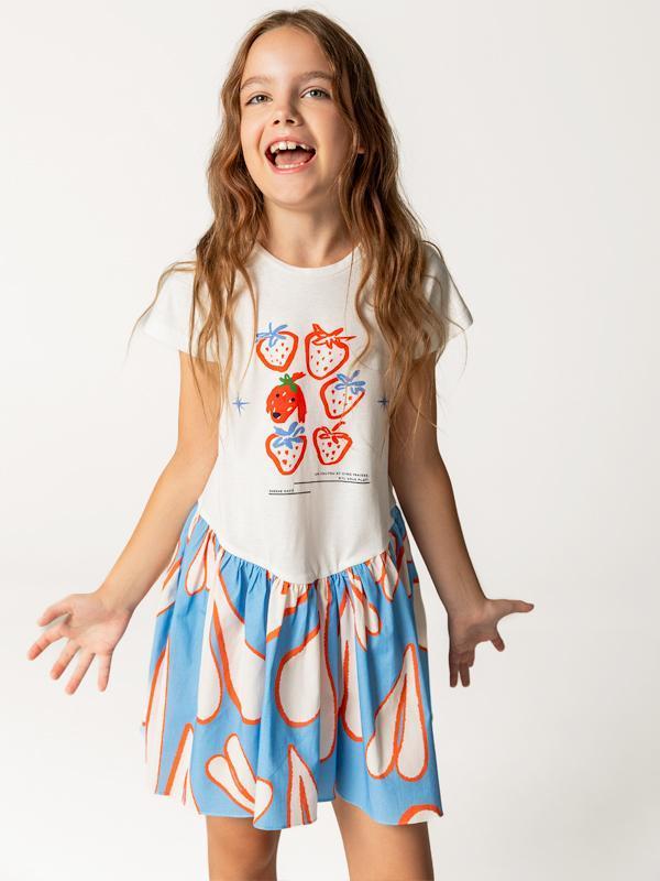 Etekli Çilek ve Kalp Desenli Kız Çocuk Elbise - Image 1