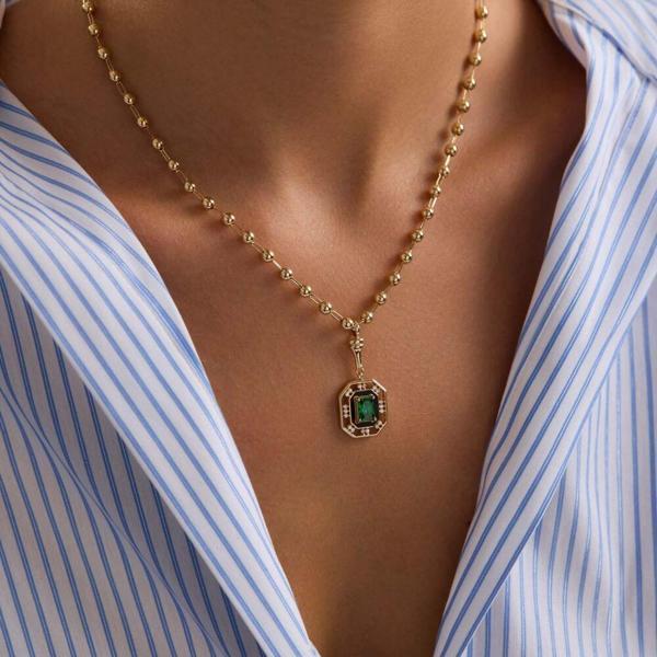 14 Ayar Özel Tasarım Yeşil Taşlı Kolye Ball Chain - Image 1
