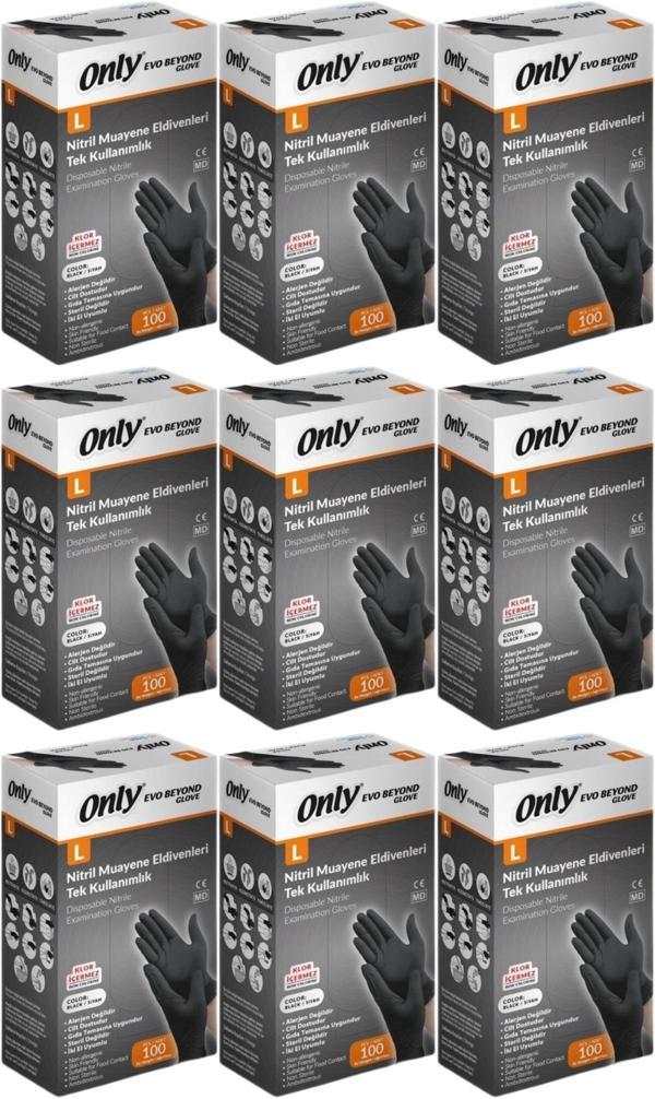 Only Evo Beyond Glove Nitril Siyah Pudrasız Muayene Eldiveni 900 Lü Set L - Large - Büyük (9PK*100) - Image 1