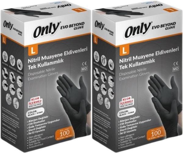 Only Evo Beyond Glove Nitril Siyah Pudrasız Muayene Eldiveni 200 Lü Set L - Large - Büyük (2PK*100) - Image 1