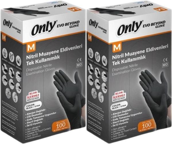Only Evo Beyond Glove Nitril Siyah Pudrasız Muayene Eldiveni 200 Lü Set M - Medium - Orta (2PK*100) - Image 1