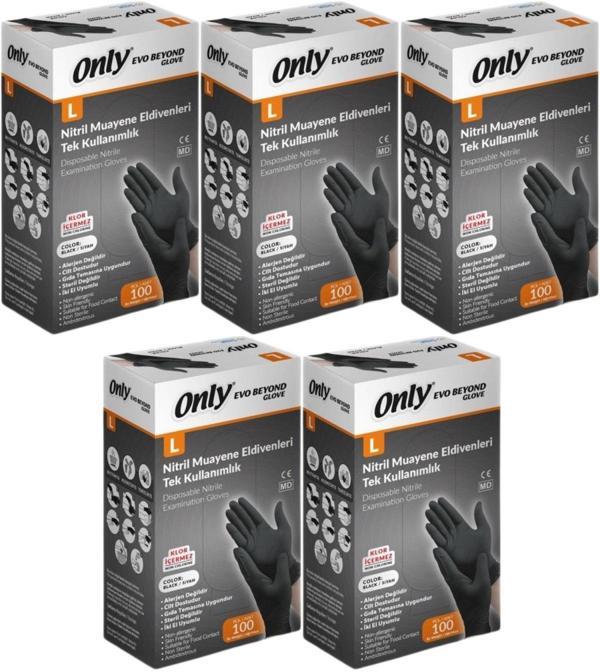 Only Evo Beyond Glove Nitril Siyah Pudrasız Muayene Eldiveni 500 Lü Set L - Large - Büyük (5PK*100) - Image 1