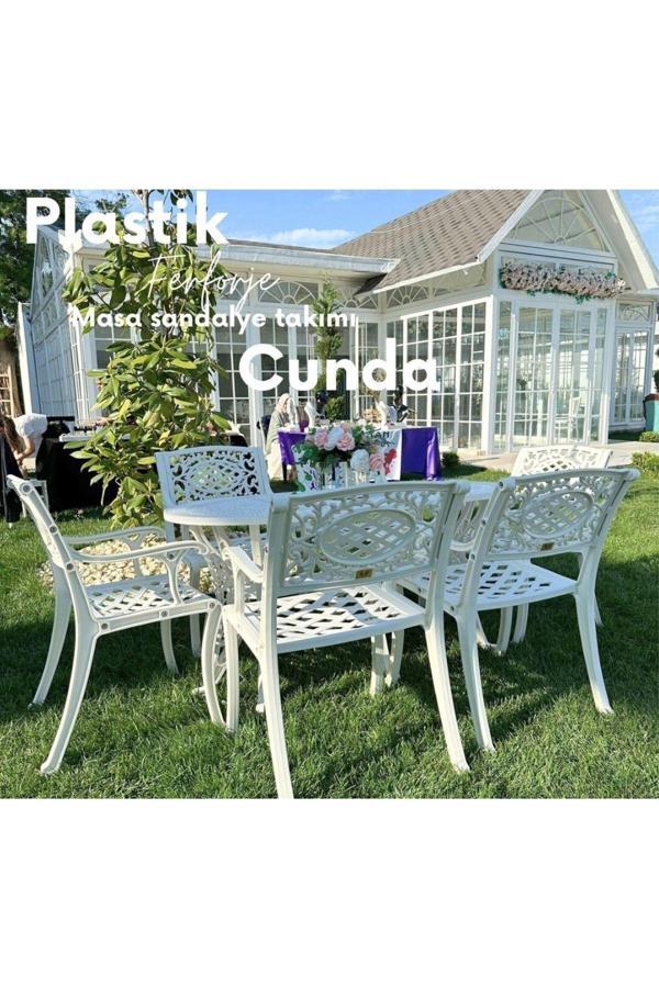 Chiron Baby Ferforje Görünümlü Masa Ve Sandalye, Dış Mekanda Kullanılabilir 6 Kişilik Plastik Beyaz Masa Takımı - Image 1