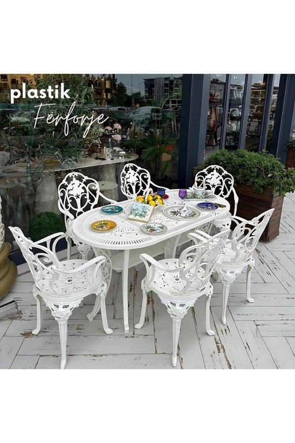 Ceritti Ferforje Görünümlü Masa Sandalye, Dış Mekanda Kullanılabilir 6 Kişilik Plastik Beyaz Masa Takımı - Image 1