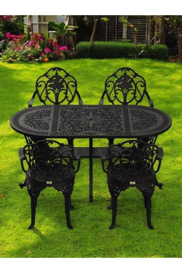 İvf Isparta Model Ferforje Görünümlü Plastik Oval 4'Lü Masa Ve Sandalye Takım Balkon Bahçe Takımı İç/Dış - Image 1