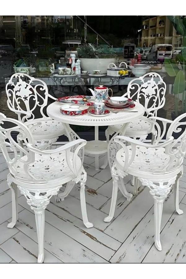 İvf Isparta Model Ferforje Görünümlü Plastik Yuvarlak Masa Sandalye Takım Balkon Bahçe Takımı 4'Lü Set - Image 1