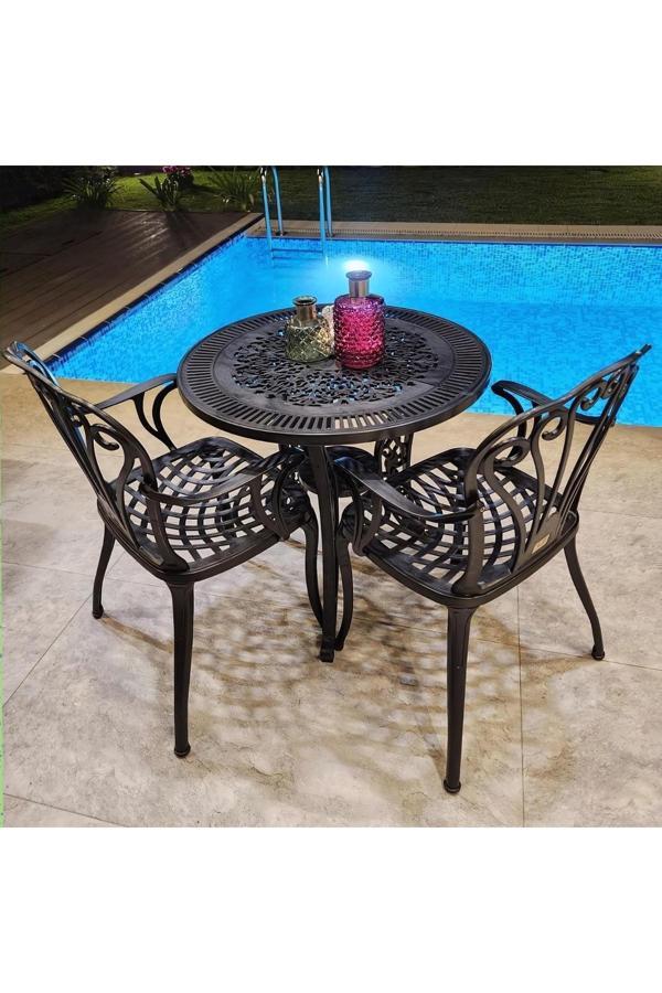 Ceritti Ferforje Görünümlü, 150Kg Taşıma Kapasiteli, Dış Mekana Uygun, Siyah Plastik Masa Ve Sandalye Takımı - Image 1