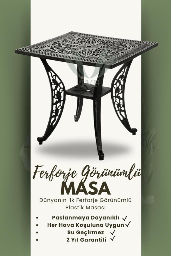 Ceritti Ferforje Görünümlü Kare Masa, Bahçe, Balkon Ve Dış Mekanda Kullanılabilir, Plastik Kare Masa - Image 1