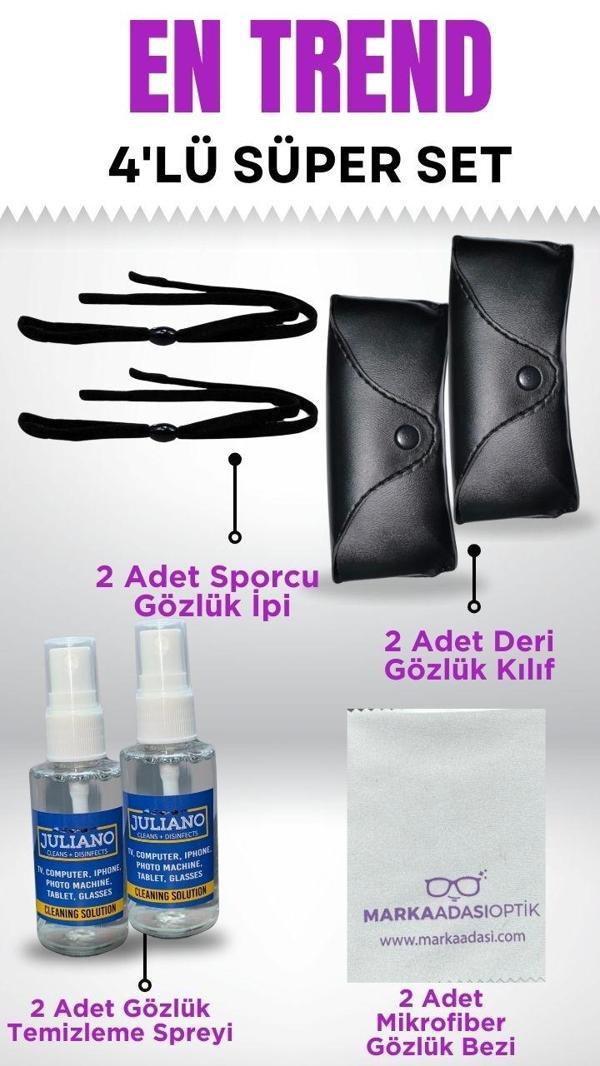 Süper 4lü Set- Gözlük İpi, Gözlük Kılıfı, Temizleme Sprey, Microfiber Bez - Image 1