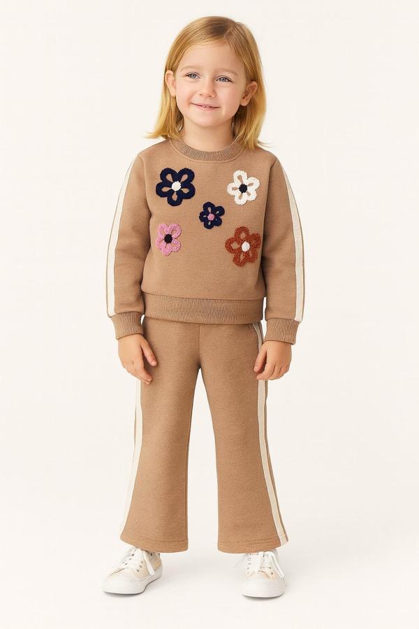 Çiçekli Kışlık Kız Çocuk İspanyol Paça Takım - Image 1