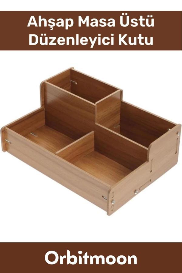 Premium 4 Gözlü Bölmeli Demonte Kalem Makyaj Kırtasiye Malzemesi Ahşap Masaüstü Düzenleyici Kutu - Image 1