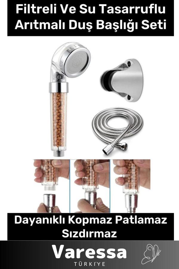 Su Tasarruflu Arıtmalı Paslanmaz Filtreli Duş Başlığı Doğal Taş Boncuklu Başlık Hortum Mafsal Seti - Image 1