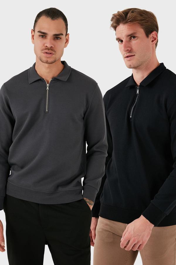 Buratti Pamuklu Regular Fit Yarım Fermuarlı 2'li Paket Polo Yaka Erkek Sweat 5905789S2 ANTRASİT-SİYAH - Image 1