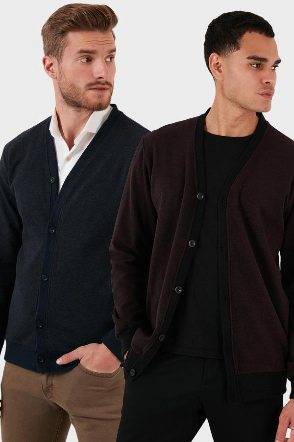 Buratti Pamuklu Regular Fit Düğmeli V Yaka 2'li Paket Erkek Hırka 456205S2 BORDO-LACİVERT - Image 1