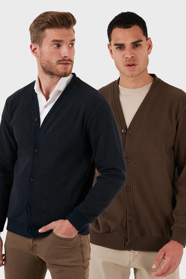 Buratti Pamuklu Regular Fit Düğmeli V Yaka 2'li Paket Erkek Hırka 456205S2 KAHVE-LACİVERT - Image 1