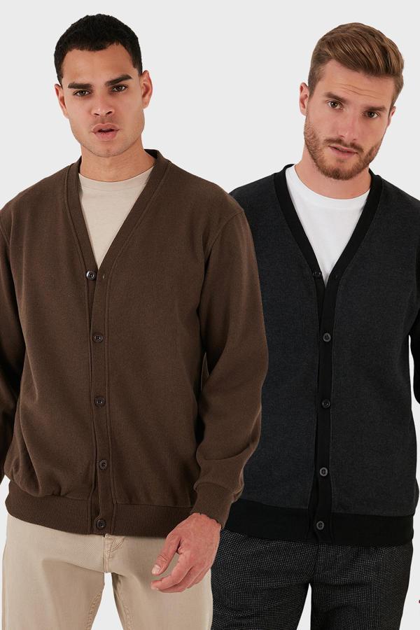 Buratti Pamuklu Regular Fit Düğmeli V Yaka 2'li Paket Erkek Hırka 456205S2 KAHVE-ANTRASİT - Image 1