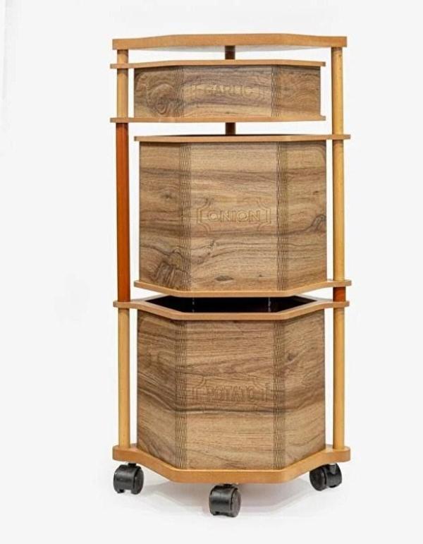 Ahşap Altıgen Tekerlekli Kahve Sebzelik 3 Katlı Yana Açılır Patates Soğan Sarımsak - Image 1