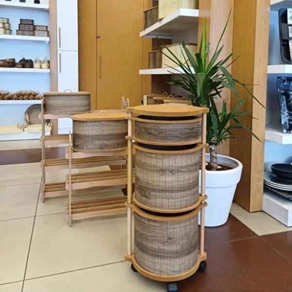 Ahşap Yuvarlak Tekerlekli Kahve Sebzelik 3 Katlı Yana Açılır Patates Soğan Sarımsak - Image 1