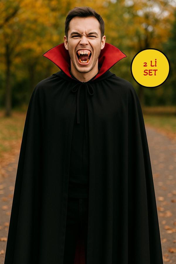Cadılar Bayramı Halloween Kostüm Partisi Vampir Kan Emici Kont Drakula Pelerin+Takma Diş Kostüm Seti - Image 1