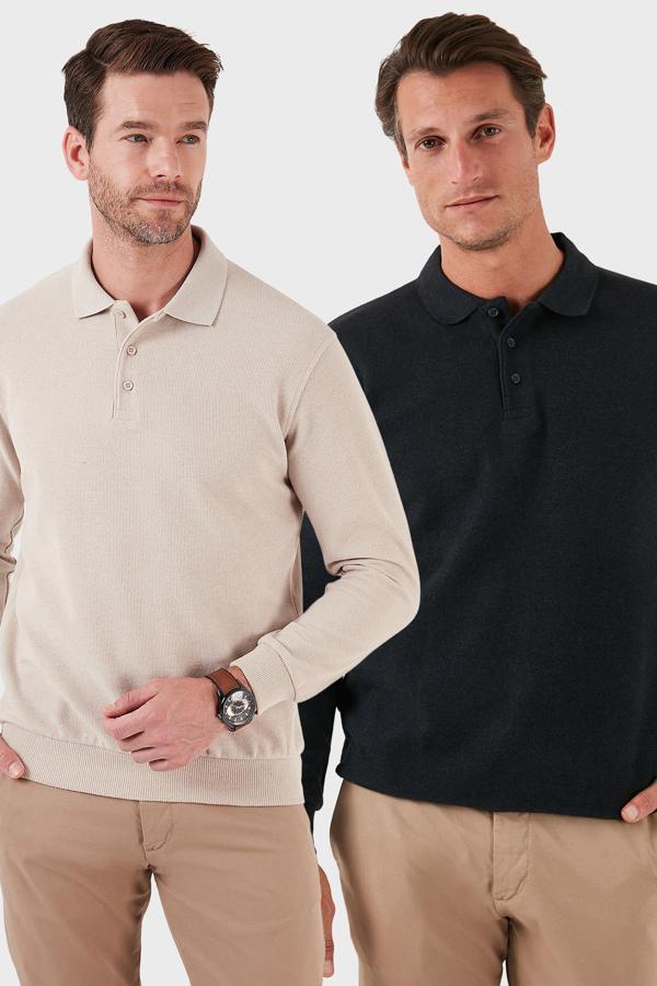 Buratti Pamuk Karışımlı Regular Fit 2'li Paket Erkek Polo Yaka Kazak 456223S2 Antrasit-Bej - Image 1