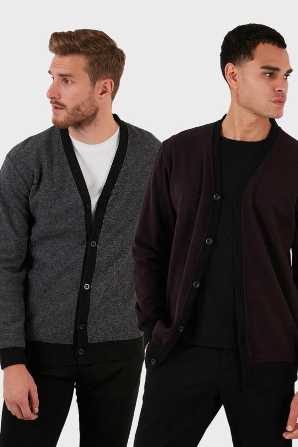 Buratti Pamuklu Regular Fit Düğmeli V Yaka 2'li Paket Erkek Hırka 456205S2 BORDO-GRİ - Image 1