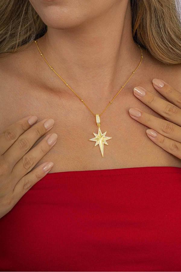 Gümüş Pazarım Taş Detaylı Altın Kaplama Top Zincirli 925 Ayar Gümüş Kutup Yıldızı Kolye - Image 1