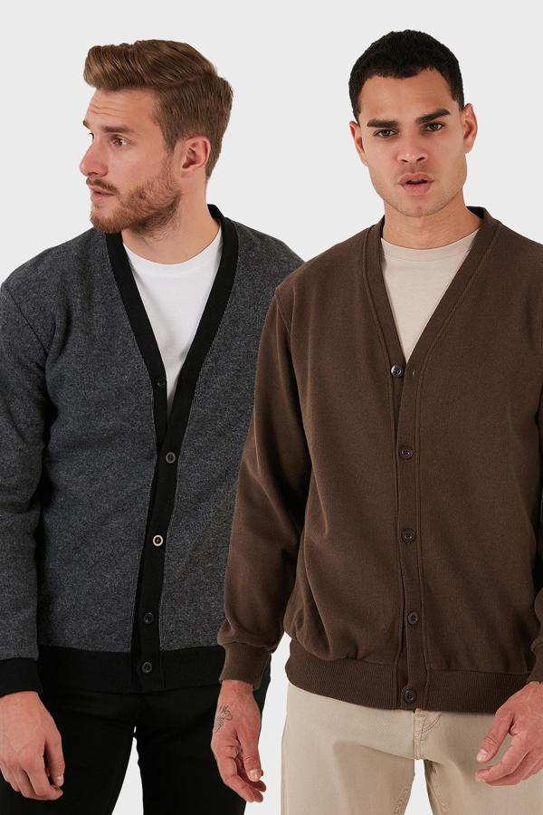 Buratti Pamuklu Regular Fit Düğmeli V Yaka 2'li Paket Erkek Hırka 456205S2 Gri-Kahve - Image 1