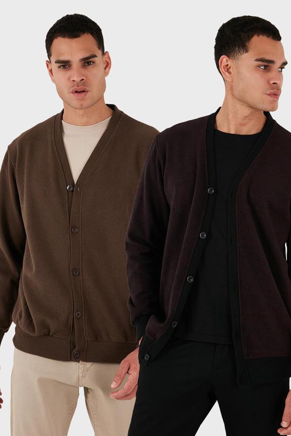 Buratti Pamuklu Regular Fit Düğmeli V Yaka 2'li Paket Erkek Hırka 456205S2 BORDO-KAHVE - Image 1