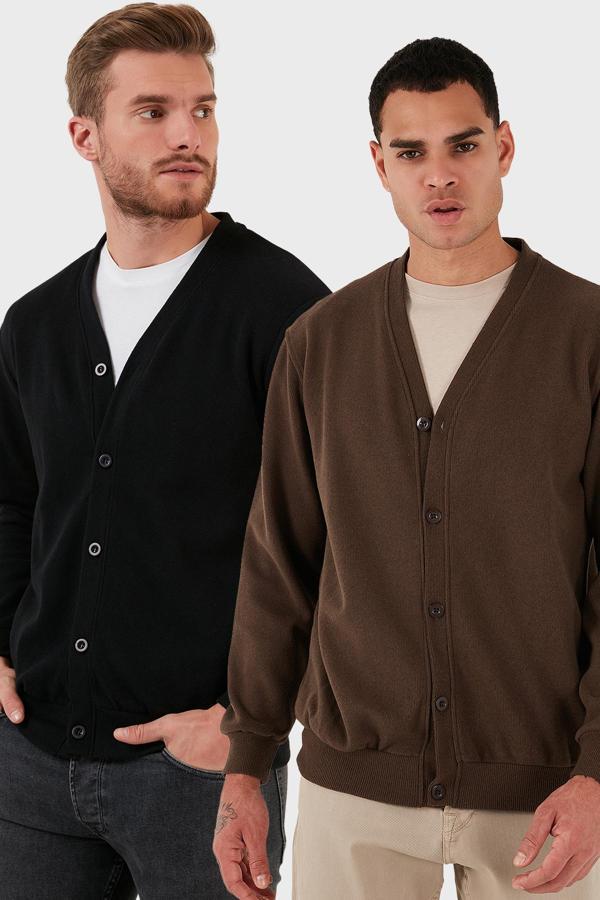Buratti Pamuklu Regular Fit Düğmeli V Yaka 2'li Paket Erkek Hırka 456205S2 KAHVE-SİYAH - Image 1