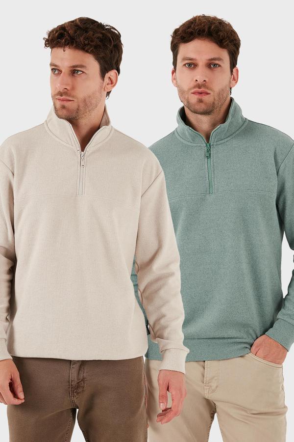 Buratti Pamuklu Regular Fit Yarım Fermuarlı Dik Yaka 2'li Paket Erkek Kazak 456112S2 Bej-Çağla - Image 1