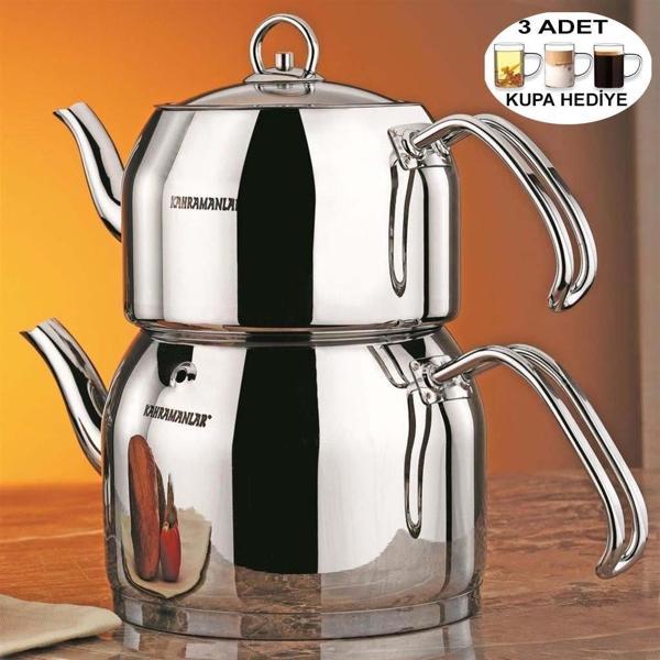 Kahramanlar Çaydanlık Takımı Küçük Boy 3 Adet Cam Kupa Hediyeli - Image 1