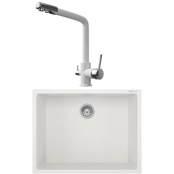 Real Stone K012 Beyaz Mutfak Evyesi + Abant Beyaz Arıtmalı Mutfak bataryası - Image 1