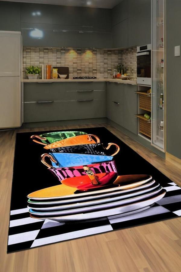 Mutfakta Sanat Var: Renkli Tabaklarla Tasarlanmış Kaymaz Taban Hal - Image 1