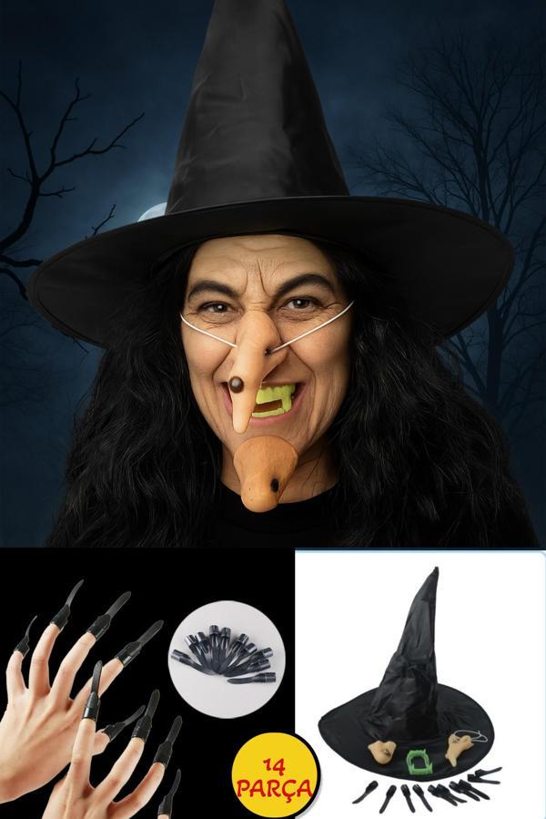 Cadılar Bayramı Halloween Cadı Kostüm Seti Şapka Burun Çene Tırnaklar ve Diş 14 Parça - Image 1