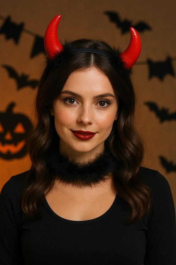 Kırmızı Şeytan Parlak Peluş Boynuzlu Tüy Detaylı Taç – Cadılar Bayramı Kostüm Aksesuarı - Image 1