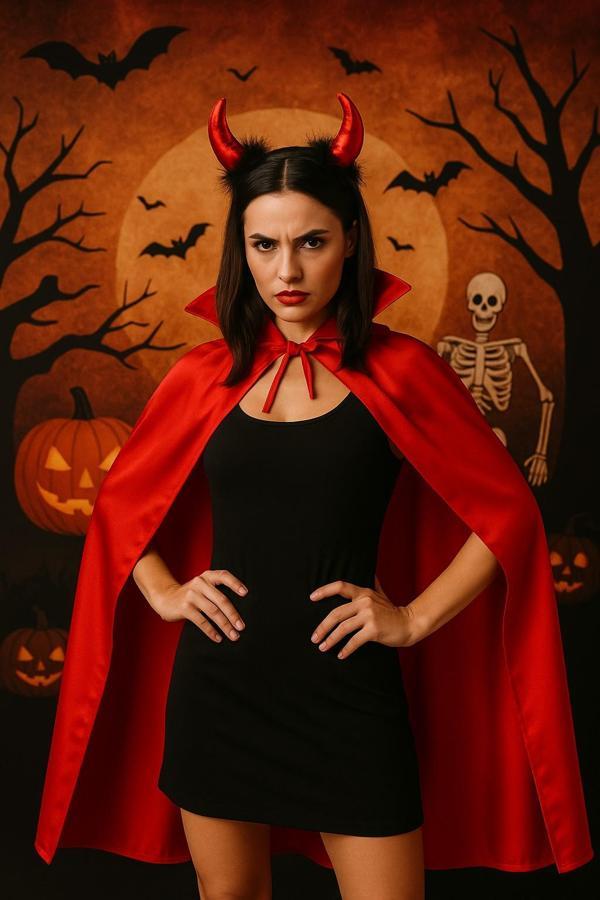 Kırmızı Şeytan Pelerini 120 cm ve Boynuzlu Taç – Halloween Kostüm Seti - Image 1
