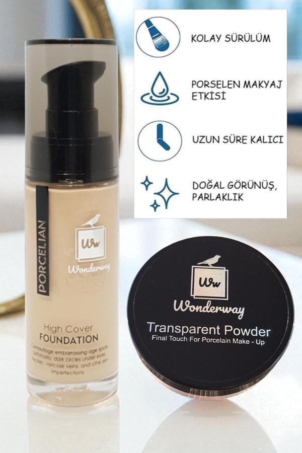Wonderway Porselen Fondöten & Transparan Pudra Set Sünger Makyaj Süngeriyle Açık Kumral - Image 1