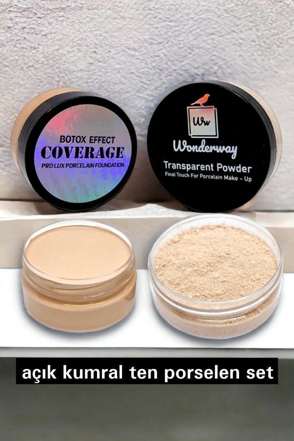 Wonderway Yoğun Kapatıcı Porselen Fondöten & Transparan Pudra Set No:1 Açık Kumral Ten Sünger Ve Göz Kalemi Açık Ten - Image 1