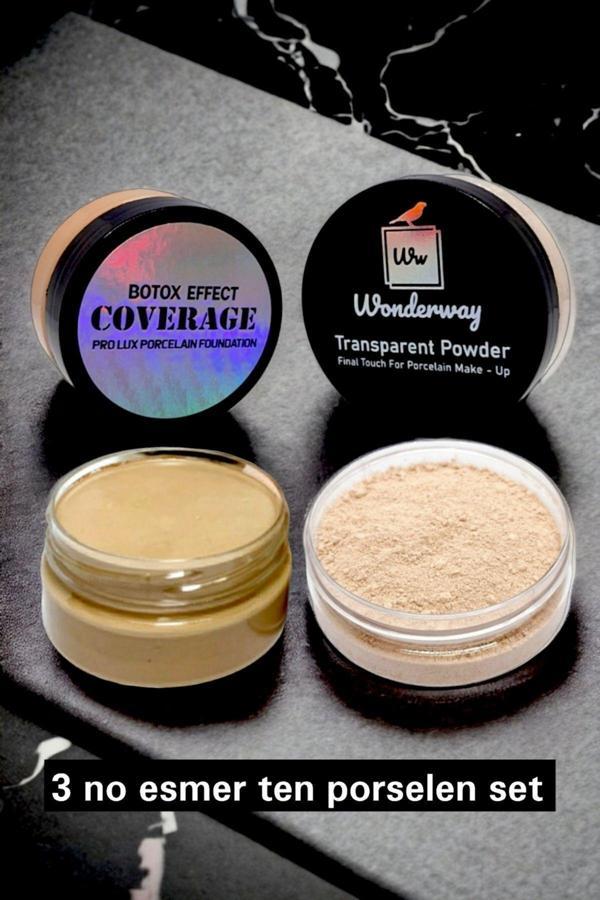 Wonderway Yoğun Kapatıcı Porselen Fondöten & Transparan Pudra Set No:3 Esmer Ten Sünger Ve Göz Kalemi Esmer Ten - Image 1