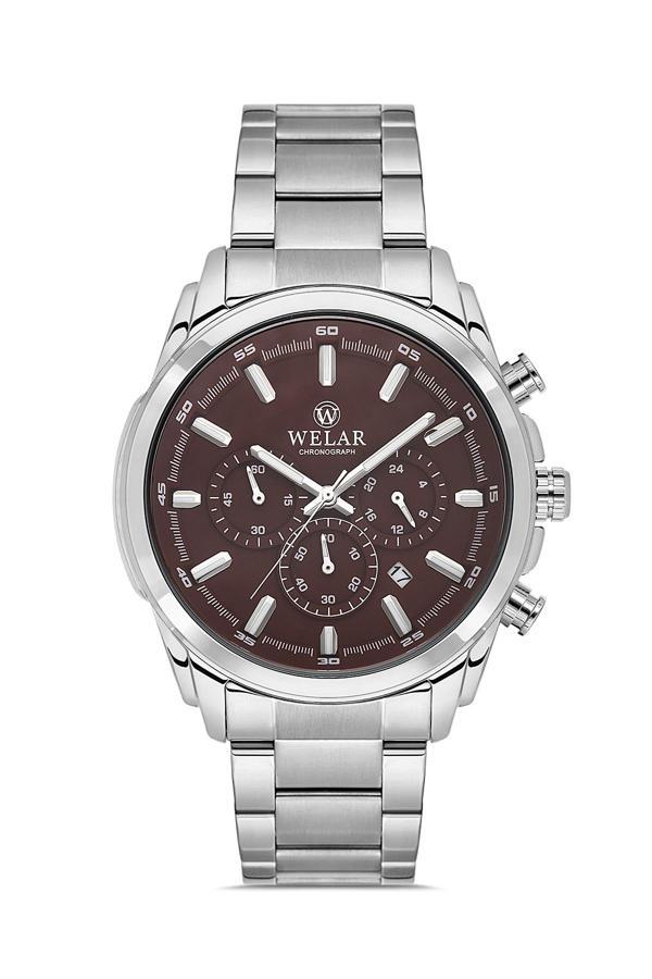 Wel2456-4 Erkek Kol Saati Kronometreli, Çelik KasaKordon, SuGeçirmez, Gümüş Renk, Bordo Kadran - Image 1