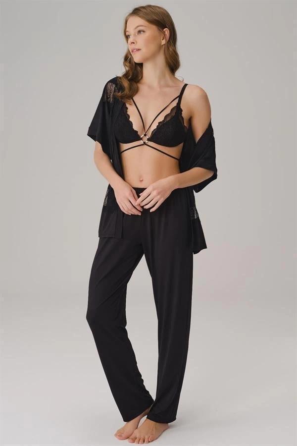 AmoraSecret İp Askılı V Yaka Düz Yazlık Uzun Dantel Detaylı Pijama Takımı Sabahlık - Image 1