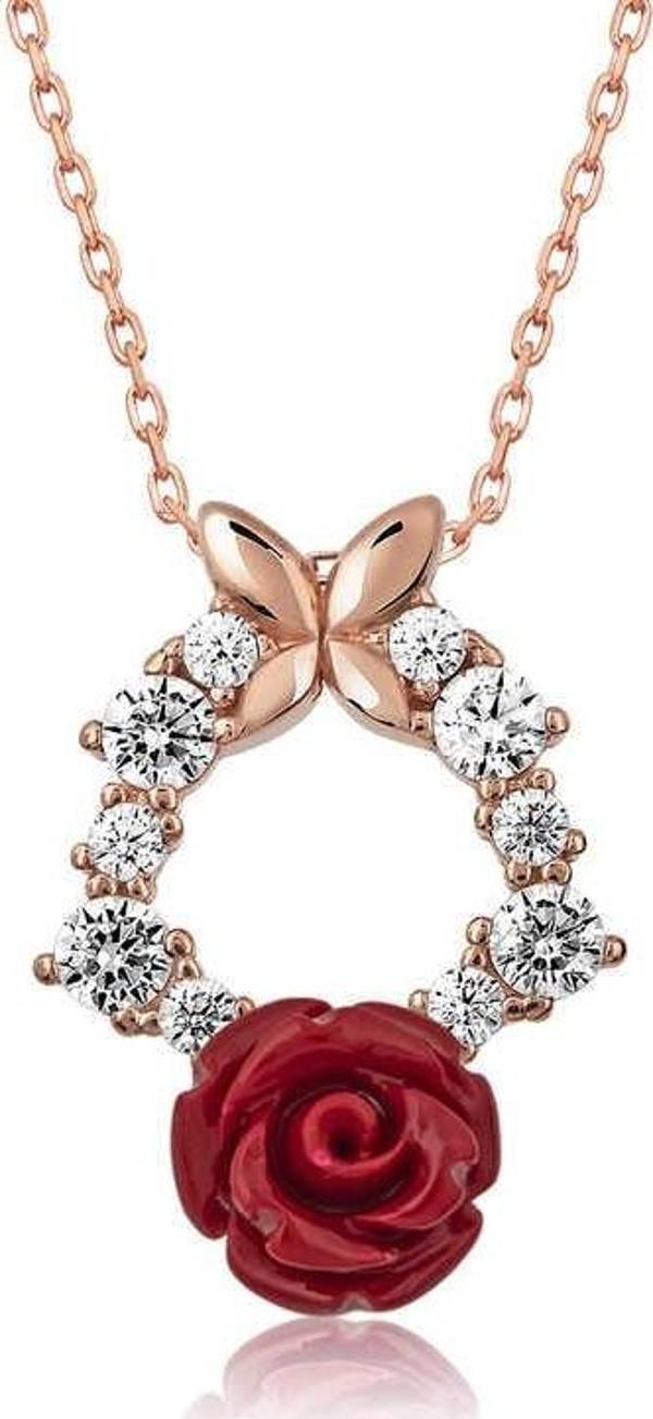 925 Ayar ​​Gümüş Rose Kırmızı Gül Kolye - Image 1