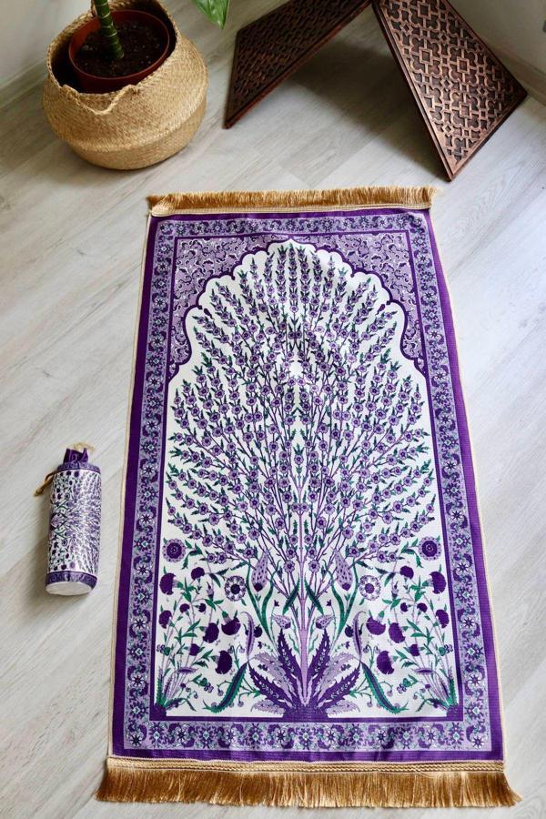 Çini Desenli İpek Dokulu Keseli Seccade S1027 Mor Renk - Image 1