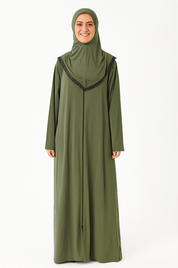 Kendinden Örtülü Fermuarlı Namaz Elbisesi – Yeşil - Image 1