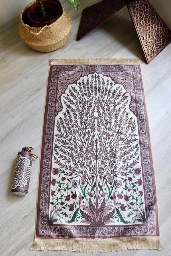 Çini Desenli İpek Dokulu Keseli Seccade S1027 Gül Kurusu Renk - Image 1