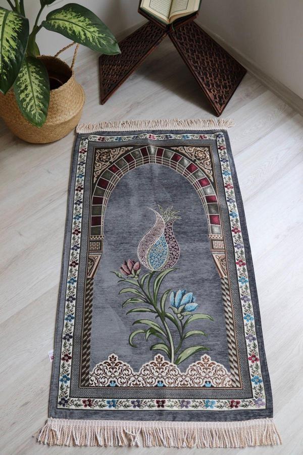 Lale Desenli Astarlı Lüks Seccade S1002 Gri - Image 1