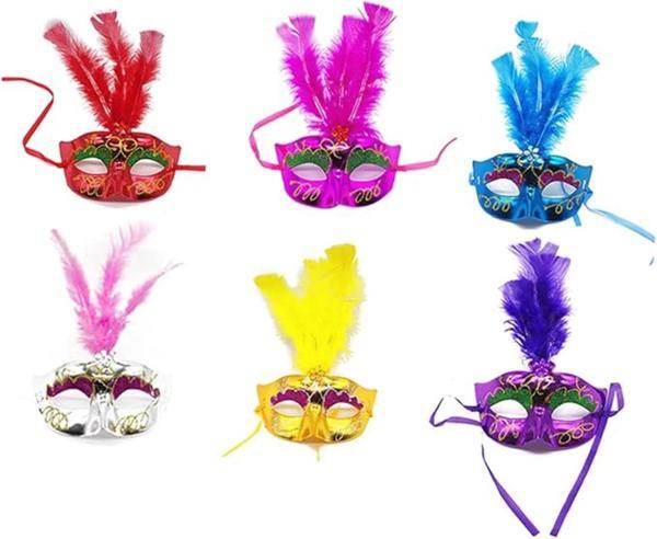 Renkli Tüylü Venedik Parti Maskesi Karışık Renk 12 Adet - Image 1