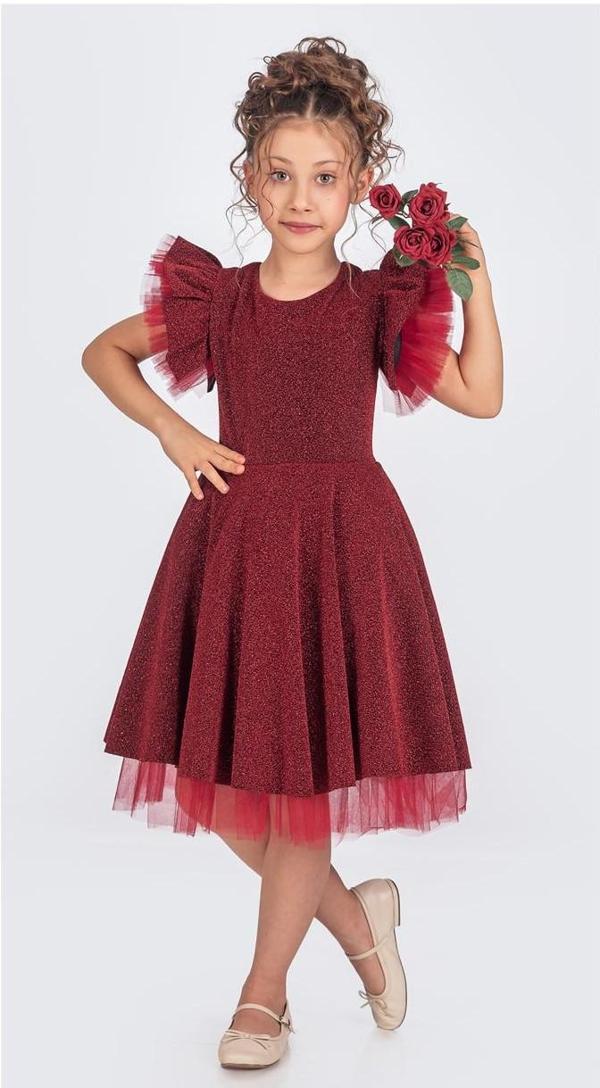 Simli Şanzelize Kız Çocuk Abiye Elbise M00669 BORDO - Image 1
