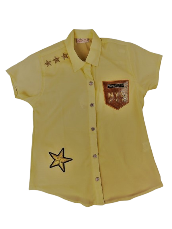 Yazlık Kısa Kol Keten Kız Gömlek M00678 SARI - Image 1