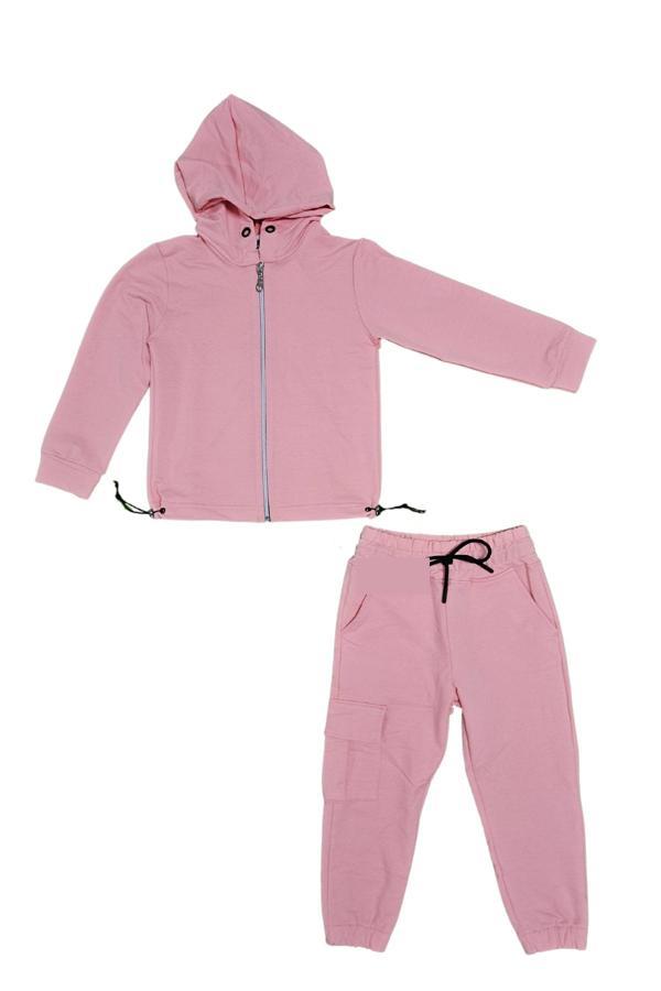 Kapşonlu Fermuarlı Beli Lastik Detaylı Kız Çocuk Günlük Eşofman Takımı 2 İplik MNK0664 PEMBE - Image 1